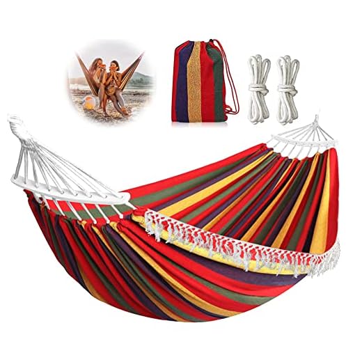 Gohytal Hamaca Colgante de Tela,280x150cm Hamacas Colgantes Hamaca Ultraligera para Camping y Viaje Hamaca Doble con Barra de Madera Curvada de 40cm Hamaca de Jardín Portátil para Exterior Patio Playa