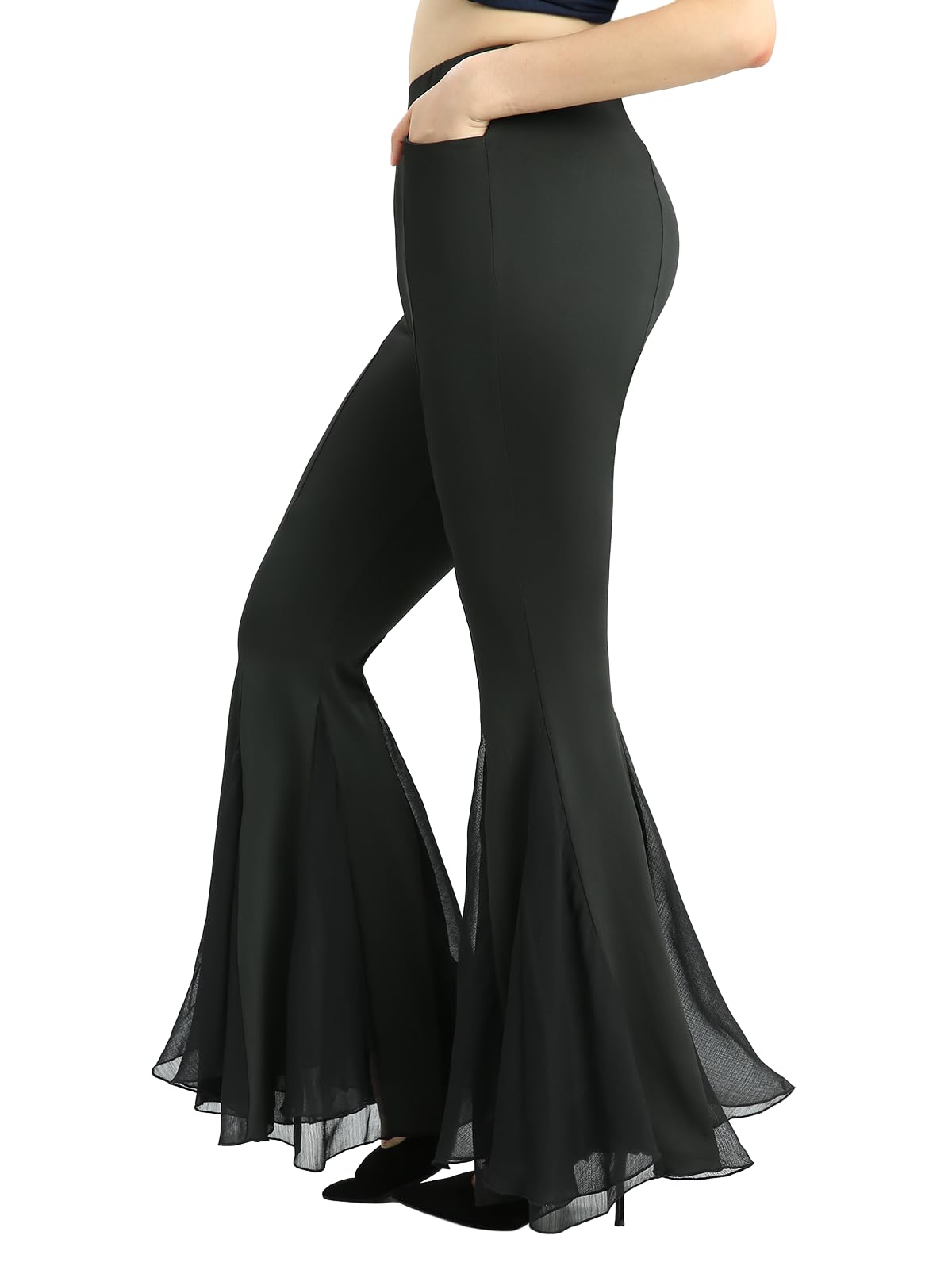 DRESSFO Womens Mesh Patchwork Flare Pants Sheer Ruffle Hem Gothic Style Stretch Trousers with Pockets