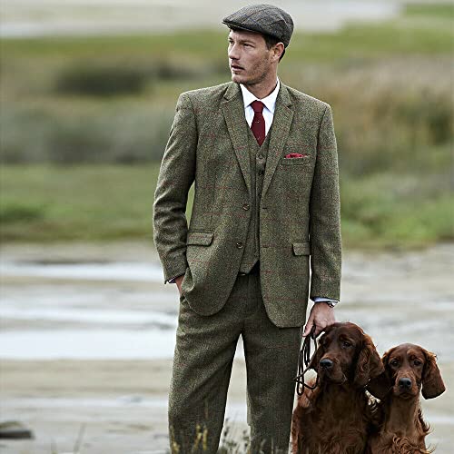 Plaid Men's Tweed Olive Green 3 Piece Suit Coat Vintage Hunting Wool Blend Blazer Pants Vest2