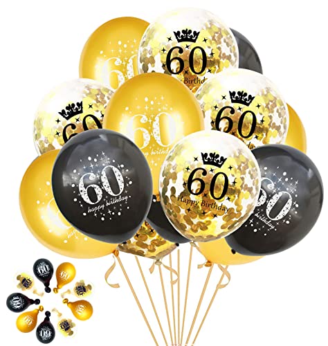 Jonhamwelbor 60th Birthday Balloons Gold and Black Party Decorations 15 Pack 12 inch Latex and Confetti Balloon Printed with Happy Birthday 60 for Women Men