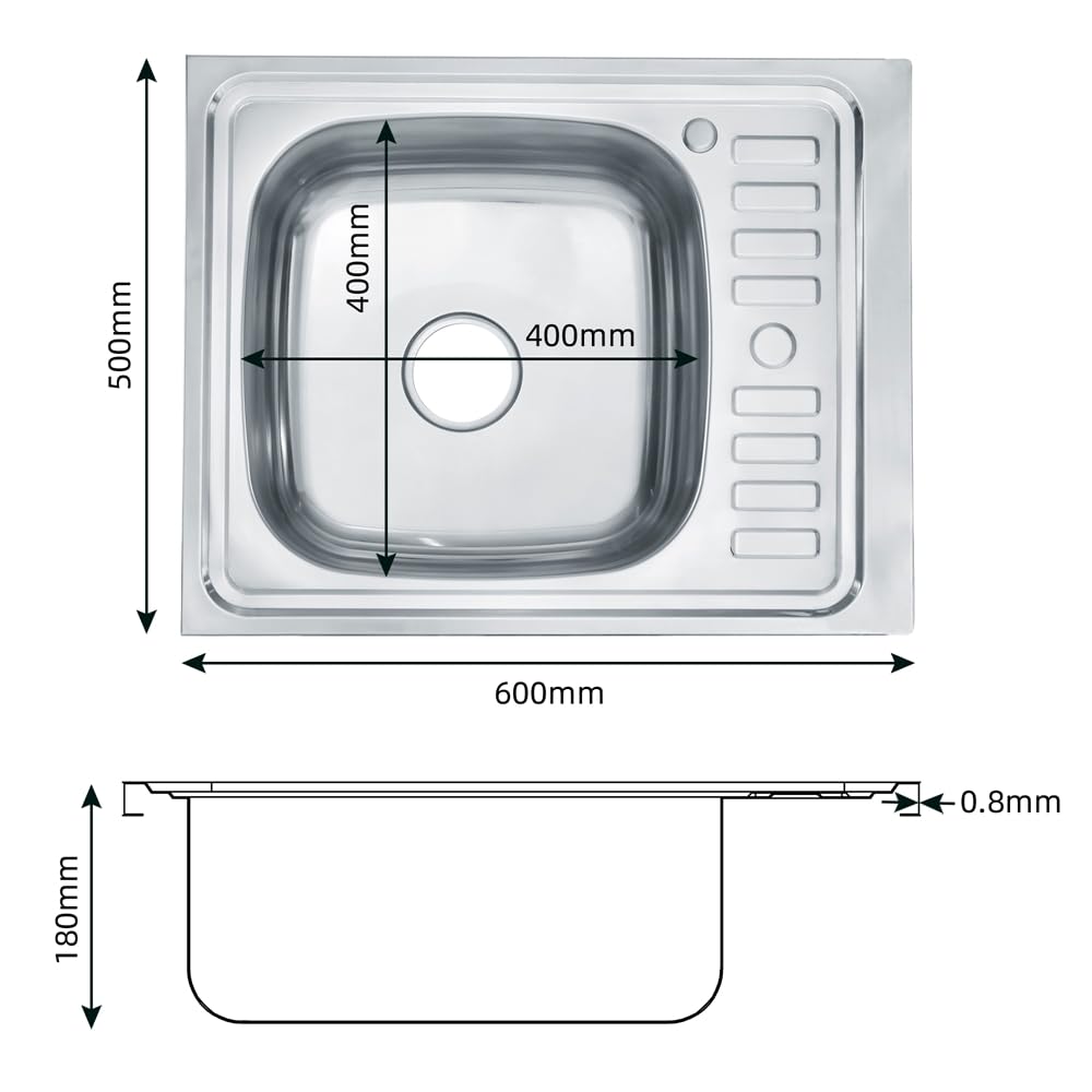 Melko 58CM Acier inoxydable, évier à encastrer carré + égouttoir, évier cuisine, plonge, bac d'évier