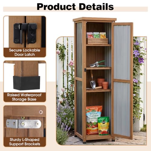 Image of PetsCosset 62 inch H Outdoor Corner Storage Cabinet with Lockable Doors, Outdoor Indoor Small Storage Cabinet with Metal Top, 3 Adjustable Shelves for Patio, Porch, Entryway or Small Spaces
