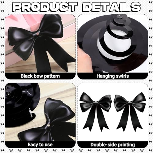 Image of Clabby Black Bow Birthday Decorations Black Coquette Hanging Swirls Garland Banner Bow Party Decorations Ribbon Paper Cutouts for Girls Baby Shower Bridal Shower Wedding Bachelorette Party Supplies