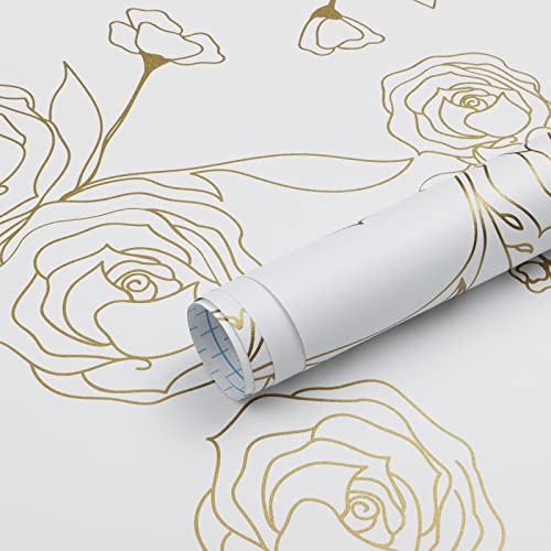 Timeet Selbstklebende Tapete Weiß Textur mit Golden Blumenmuster Klebefolie Möbel Weiss 44x300cm Wasserdicht Möbelfolie Selbstklebend Folie für Möbel, Wohnzimmer, Schlafzimmer Cover