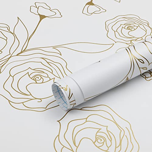 Timeet Self Adhesive Wallpaper Gold Rose Pattern White Sticky Back Plastic Roll Vintage Floral Peel and Stick Wallpaper 44cm X 10m Removable Waterproof Vinyl Film for Bedroom Wall Furniture