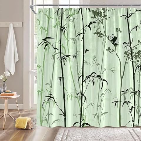 AMHNF Vintage Bamboo Shower Curtain Retro Chinese Style Green Black Bamboo Leaf Panda Rutsic Plant Bathroom Decor Fabric Curtain with Hooks, 21AS-170x180 Cover