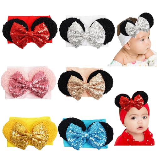 Image of CellElection 6 Pack Mouse Ears Sequin Headbands 6Inch Large Big Sparkly Glitter Sequin Hair Bows Soft Nylon Hairbands Hair Accessories for Baby Girls Newborns Infants Toddlers Baby