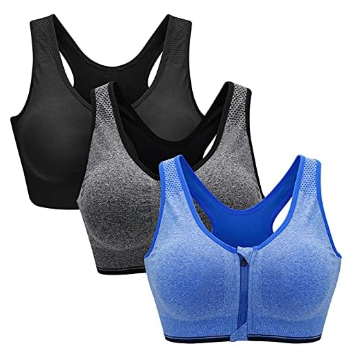Zoerea Sports BH Damen Push Up Zip Front, 3er Pack Impact Yoga Bra, Gr.-XL: Fit 85D 90A 90B 90C 90D, Schwarz,grau und Blau