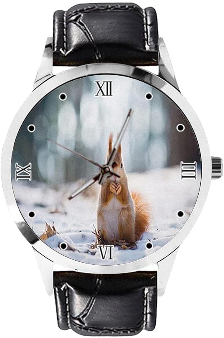 Lindo animal rojo ardilla nieve bosque simple hombres mujeres relojes casual japonés cuarzo relojes clásico negocio negro cuero reloj, negro