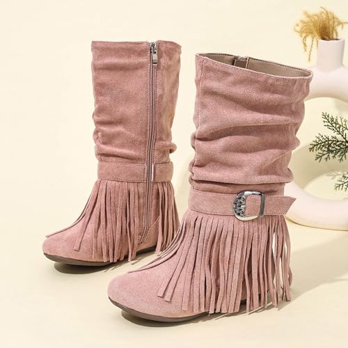 Girls Mid Calf Boots with Tassel, Fringe Cowgirl Boots, Round Toe, Non Slip Outsole, Kids Western Boots Stylish Comfortable for All-Seasons3