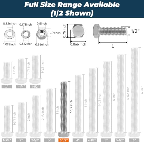 Image of 4 Sets Glvaner 1 /2-13 x 3-1 /2 inch Stainless Steel Hex Head Screws Bolts, Nuts, Flat & Lock Washers, 18-8 (304) Stainless Steel, Full Thread, Coarse Thread