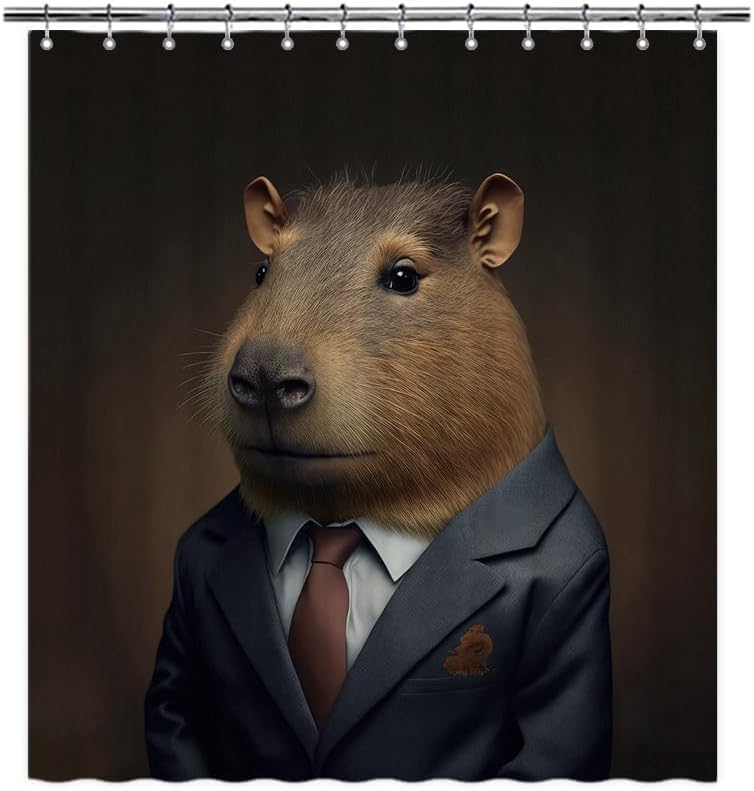 Baby Capybara in A Business Suit Shower Curtain Funny Animal Portrait Printed Bath Curtain for Bathroom Decor with 12 Hooks 72X72 Inch, Style 1