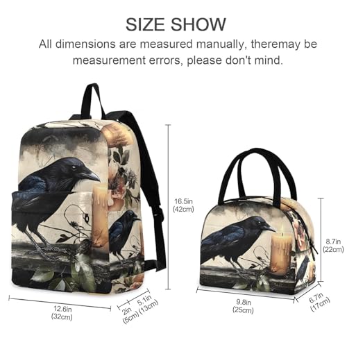 Backpack Lunch Bag Set Raven Gothic Print, Big Storage Travel Backpacks with Insulated Lunch Box for Office Hiking Picnic2