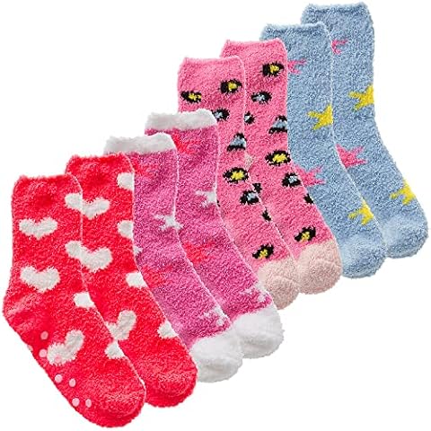Metzuyan Kids Girls Chunky Bed Socks Crew Socks Stars Hearts Leopard Print 2-Pack 9-12 Cover