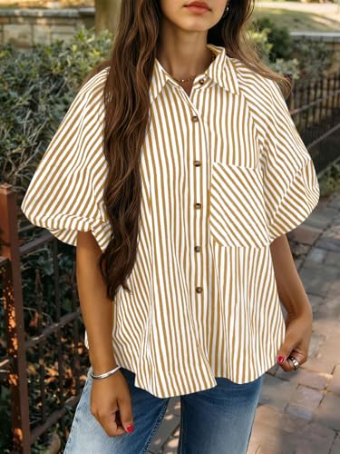 Image of Tankaneo Womens Short Puff Sleeve Button Down Shirts Striped Trendy Casual Loose Fit Blouse V Neck Collared Tops