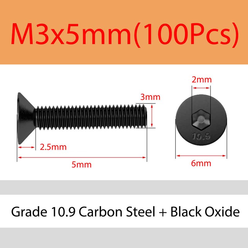M3 x 5mm 100 Pcs Śruby z łbem stożkowym Gatunek 10.9 Stal węglowa Śruby imbusowe Płaska głowa Wewnętrzny sześciokąt Śruby maszynowe Elementy mocujące