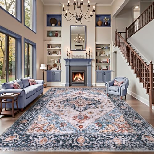 SERISSA Washable Rugs 9x12 Area Rugs, Large Non-Slip Blue Orange Living Room Rug, Ultra Soft Boho Vintage Print Distressed Oriental Farmhouse Carpet for Dining Room Bedroom Dorm Office Home Decor