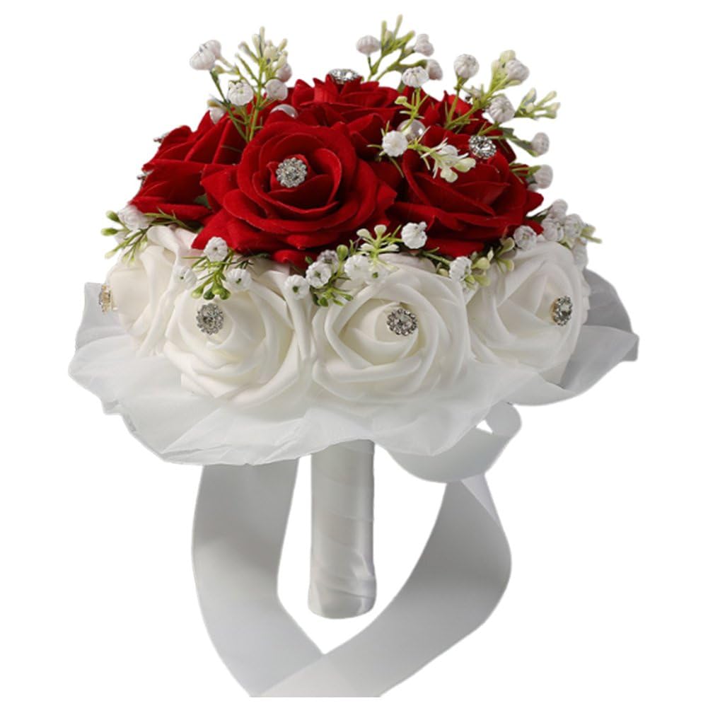 Sslvya Wedding Bouquet Bride Holding Bouquet with Red & White Roses Artificial Flower Bouquets for Wedding Ceremony Anniversary Decor