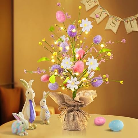 Easter Decorations Tree, 18”H Easter Egg Tree Table Centerpieces, Easter Tree with 20LED Lights for Home Party Picnic Wedding Holiday Indoor Table Spring Easter Decor Cover