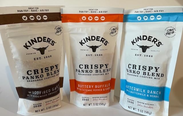 Kinders Crispy Panko Blend Seasoned Coating Mix Buttery Buffalo, Buttermilk Ranch, Woodfired Garlic (3 pack) with 7" cooking tong - 4 Items!