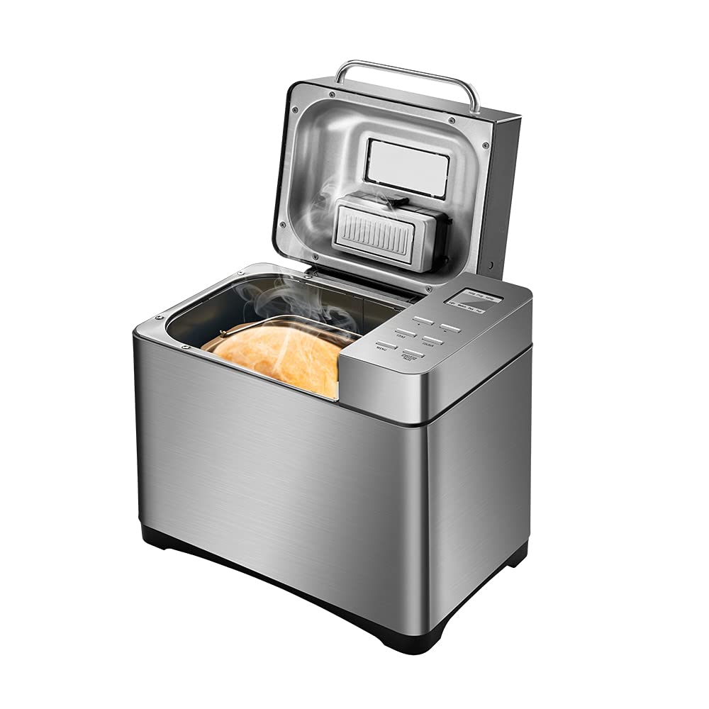 Machine à pain, en acier inoxydable, 650 W, entièrement automatique, 19 programmes, bac à ingrédients automatique, pour 500 g, 750 g et 1 000 g, argent