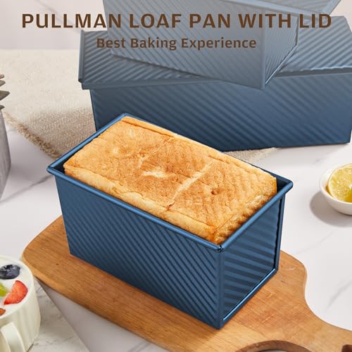 Image of KITESSENSU Pullman Loaf Pan with Lid, 1 lb Dough Capacity Non-Stick Bakeware for Baking Bread, Carbon Steel Corrugated Bread Toast Box Mold with Cover,Blue | Nonstick Carbon Steel Japanese Milk Bread Loaf Pan, Square Toast Mold for Sandwich Bread, Sourdough Loaves & Homemade Bread