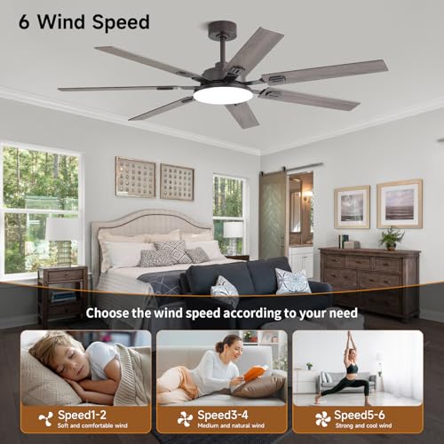 Image of 64 Inch Ceiling Fans with Lights and Remote, Bedroom Living Room Office Library Cafe Outdoor Industrial, 5CCT Dimmable, Dual Color 7 Blades, 6 Speed Reversible Quiet DC Motor, Brown /Wood Grain