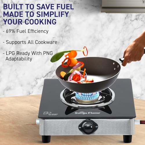 Image of Surya Flame Gas Stove Single Burner LPG GlassTop Chulha with toughened glass Atlas Brass Burner manual ignition Cooktop ISI Certified Doorstep Services 2 Years (1Burner Black)