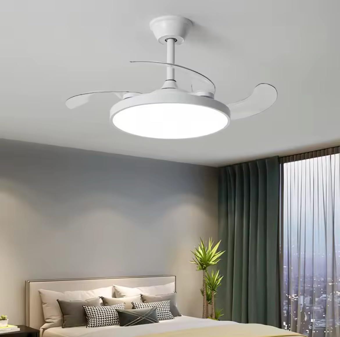 Ventilatore da soffitto con lampada LED integrata 40W dimmerabile con telecomando, pale retrattili invisibili, 6 velocità, funzione estate/inverno, luce calda , naturale , fredda , design moderno