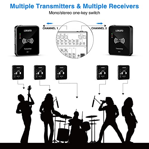 LEKATO MS-1 Sistema inalámbrico de monitores en el oído Transmisor y Receptor de petaca Emparejamiento automático Sistema IEM inalámbrico de 2,4 GHz para Estudio (Negro)