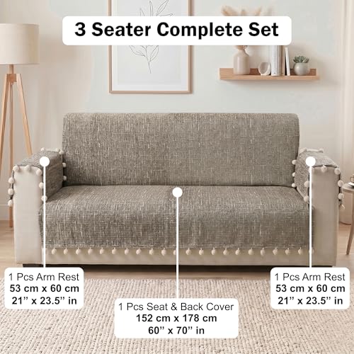 Image of Story@Home Chenille Sofa Cover 3 Seater Fully Covered with Back Covers (152x178Cm) & Arm Rest Covers| Anti Slip Sofa Mat for 1 /2 /3 Seater & L Shape Sofa Cover - Caramel & Cream