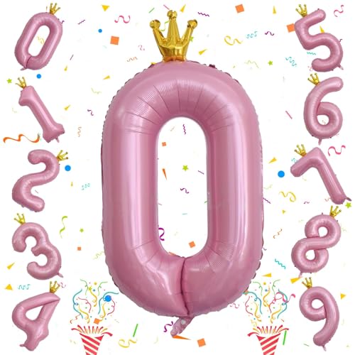 Image of Light Pink Number 0 Balloons for Girls, 40 Inch Foil Large Pastel Pink, Crown 0-9 Set Number Balloon for Women Birthday Party Baby Shower Anniversary Graduation New Year Party Decoration Supplies