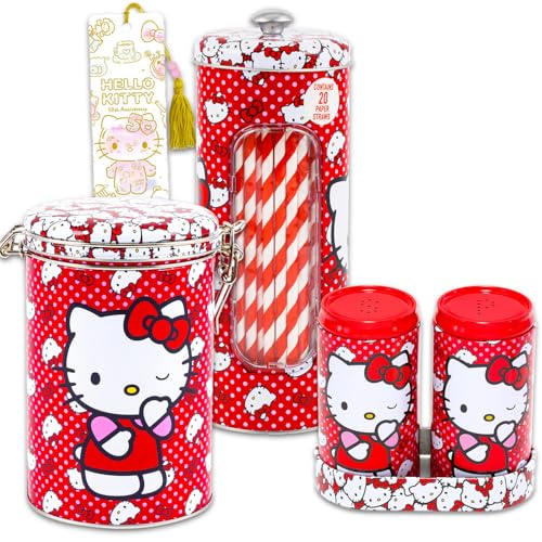 Hello Kitty Kitchen Decor Set - Bundle With Hello Kitty Cookie Jar, Salt And Pepper Shakers, Straw Holder, Plus Bookmark | Sanrio Kitchen Accessories Pack