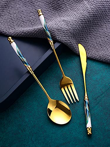 Gold Cutlery Juego de cuchillos de lujo, tenedor y cuchara de acero inoxidable de alta calidad con mango de cerámica (juego de 3 piezas)
