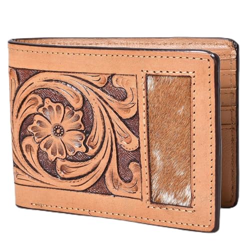 Floral Genuine Leather Rodeo Bifold Wallet For Men Women Tan Flower Hand Carved & Tooled
