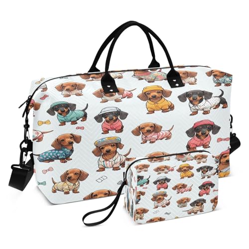 Large Foldable Travel Duffel Bag, Waterproof Gym Bag for Men & Women, Carry-On Luggage Weekender Overnight Bag, Dapper Dachshund Print