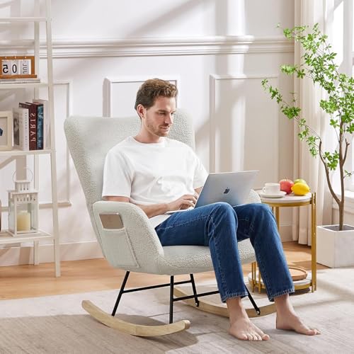 Vecelo RC02-WHT Rocking Chair, Modern Upholstered Teddy Fabric Nursery Glider thumb #1
