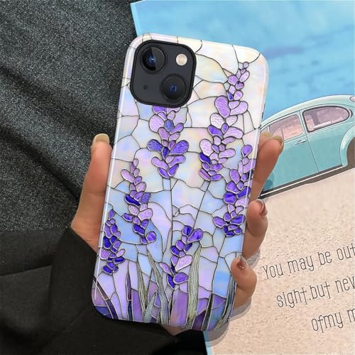 Coque iPhone 15 mosaïque florale lavande art vitrail unique DAIZAG