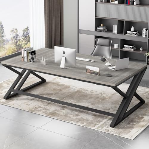 HSH Schreibtisch Großer Computertisch aus Holz und Metall Industriestil Design Bürotisch Arbeitstisch für 2 Personen PC Tisch ideal für HomeOffice Büro Langer Schreibtische Grau 180cm