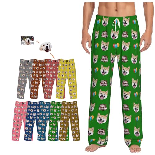 Custom Pajamas Pants Happy Birthday with Photo for Mens, Personalized Birthday Gifts Pj Bottoms Sleepwear Dog Pet Face for Women Daddy
