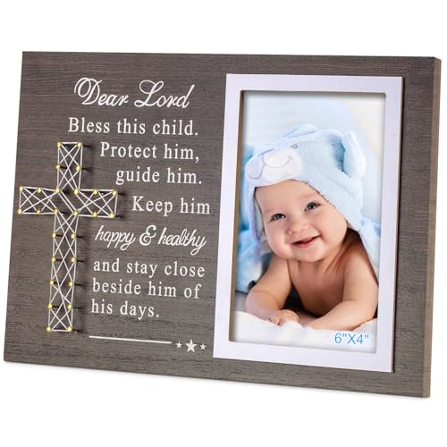 Yakucho Baptism Picture Frame for Boys and Girl - Blessing Card in Frame, Baby Boy Baptism Gift, 4x6 Inch Double Frame for Christening, Nursery Decor Keepsake (Baptism gifts for boys)