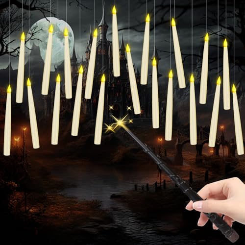 S-Union 20PCS Flameless Floating LED Taper Candles with Magic Wand Remote Flickering Warm Light Battery Operated Perfect for Halloween Christmas Wedding Birthday Parties