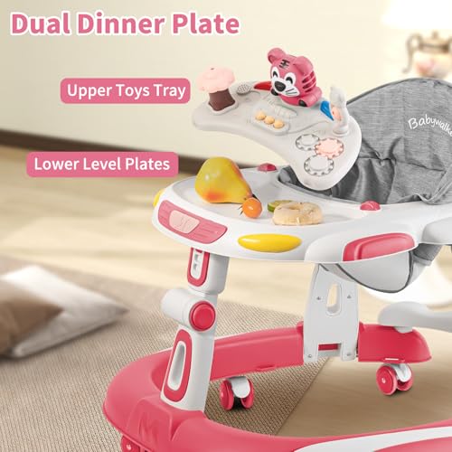Baby Walkers, 5-in-1 Multifunctional, Height Adjustable, Foldable, Activity Center with Wheels &Music &Toys Tray, Infant Toddler Walker for Boys and Girls 6-24 Months(Pink)