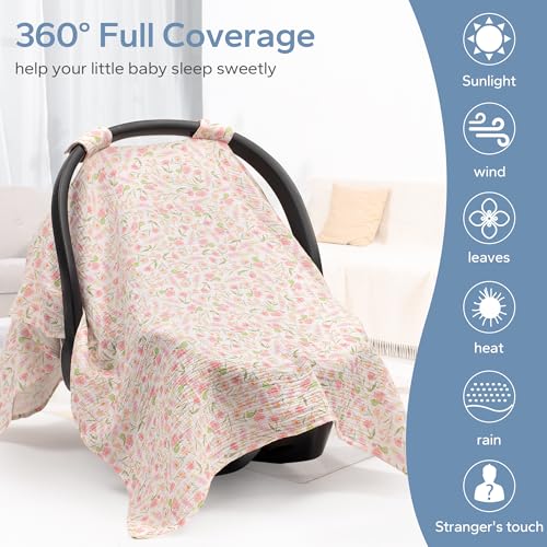 Image of SERAPHY Muslin Car Seat Cover Baby, Universal Carseat Covers Baby Girl Boy | 100% Muslin Cotton, Universal Fit, Breathable, Soft Infant Car Seat Canopy, For Boys and Girls, Sun & Wind Protection