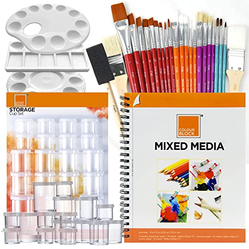 COLOUR BLOCK 48pc Professional Art Kit Painting Set I 9 x 12 inch Sketchbook 60 Sheets I 25pc Watercolor-Acrylic Art Brush Set I 19pc Storage Cups I 3pc Plastic Palette Tray