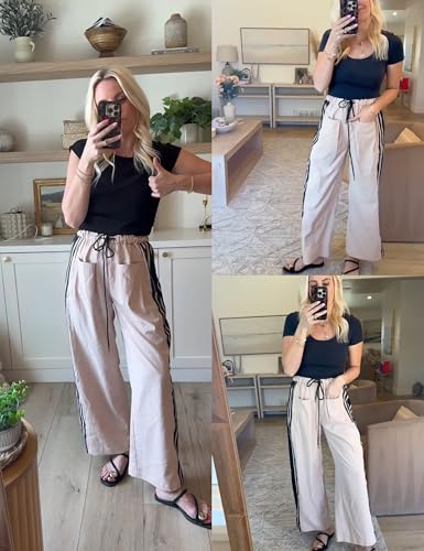 Hongsui Women's Wide Leg Pants Drawstring High Rise Side Striped Slouchy Palazzo Pants with Pockets2