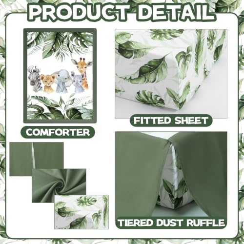 Image of Hahafelt 3 Pcs Safari Baby Crib Bedding Set Tropical Jungle Theme Decor for Infant Bed with Watercolor Elephant Zebra Giraffe Lion Includes Quilt, Fitted Sheet, Skirt for Baby Boy Girl Gifts
