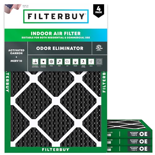 Filterbuy 16x20x1 Air Filter MERV 10 Odor & Allergy Defense with Activated Carbon (4-Pack), Electrostatic Pleated HVAC AC Furnace Filters Replacement, Made in USA (Actual Size: 15.50 x 19.50 x 0.75)