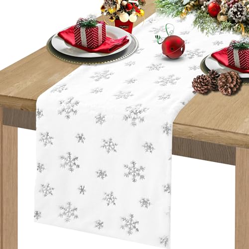 LuoluoHouse Christmas Table Runners 90 Inches Long, Faux Fur Table Runner Silver Snowflake Sequin Table Runner for Winter Decor Soft Thick Luxury Kitchen Dining Table Decorations, 13 x 90 Inch
