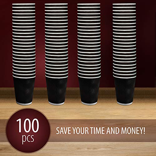 Insulated Disposable Coffee Cups 12 oz, 100 Packs - Paper Cups for Hot Beverage Drinks To Go Tea Coffee Home Office Car Coffee Shop Party (Black) - Thumbnail 7
